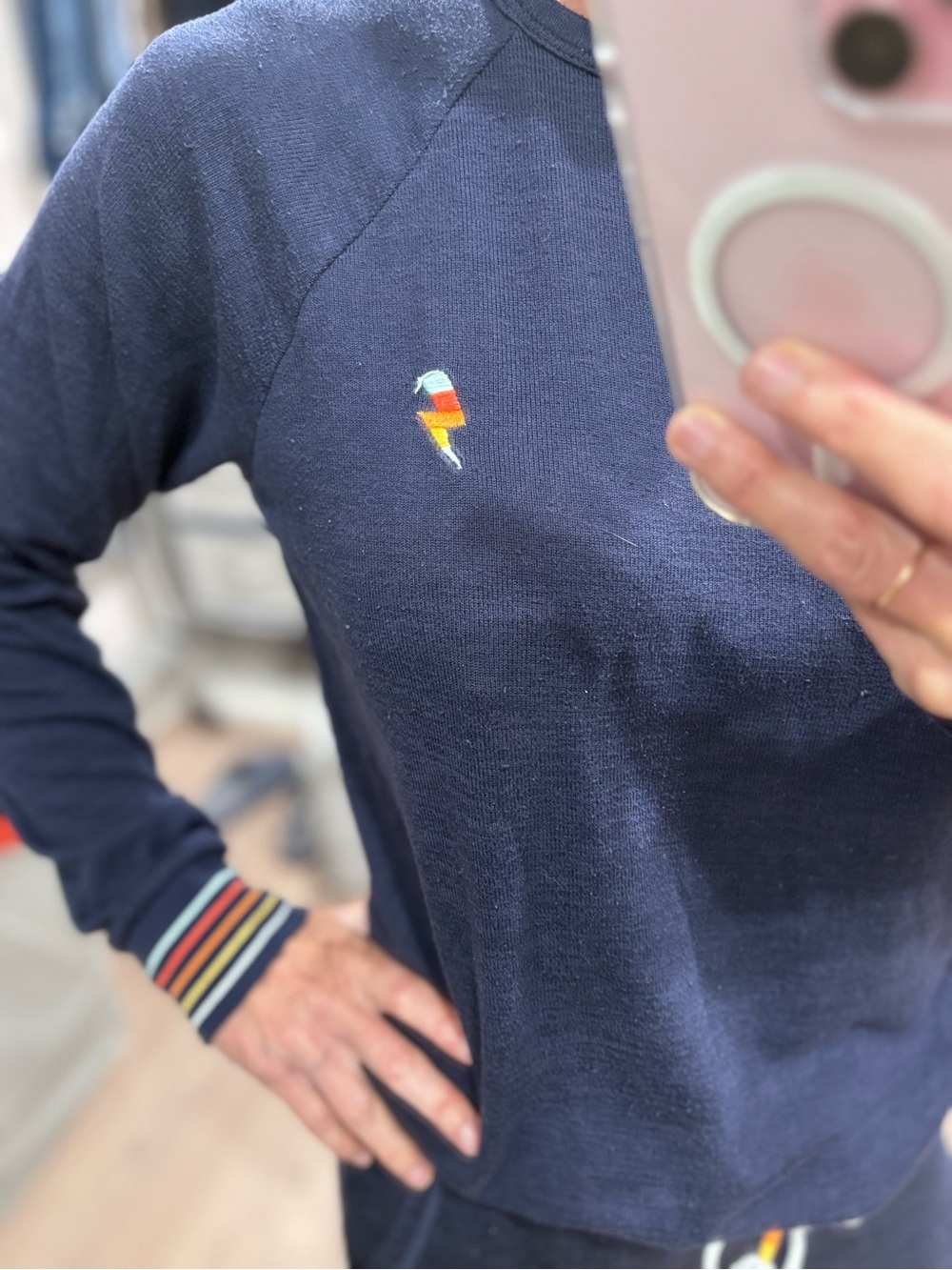 P.J. Salvage Navy Top with Rainbow Neck Stripe - Picture 5 of 8